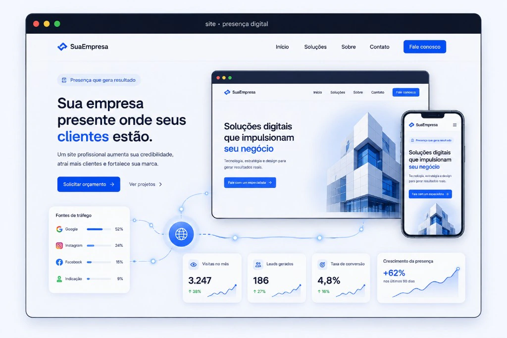 Composição de presença digital com site, mobile e indicadores